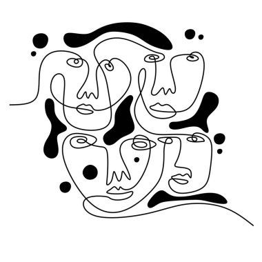 Hand drawing one line surreal primordial face isolated on white background.