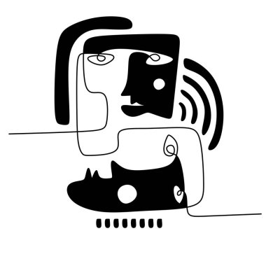 Hand drawing one line surreal primordial face isolated on white background.