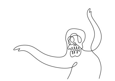 Hand drawing one line of skull ghost isolated on white background.