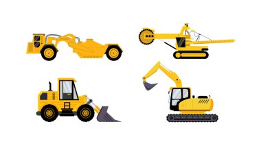 four mining vehicle set flat element isolated on white background.