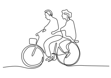 Hand drawing one line of mature couple riding bicycle isolated on white background.