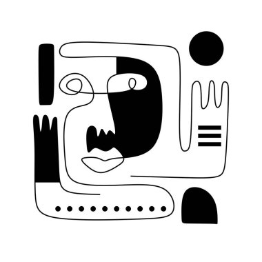 Hand drawing one line surreal primordial face isolated on white background.