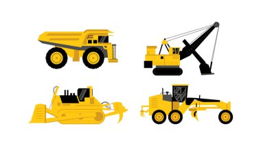 four yellow mining vehicle set flat element isolated on white background.
