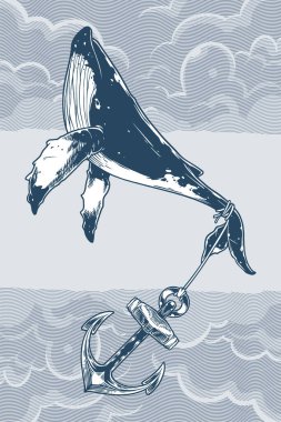 Hand drawing of wheel and anchor in ocean.