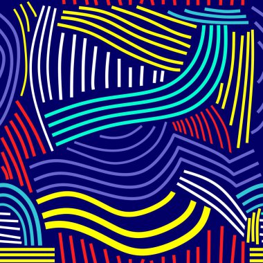 Brush line stroke shape seamless pattern on blue background.