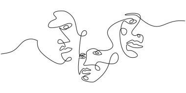 One line of abstract faces isolated on white background. Hand drawing continuous line minimalism.