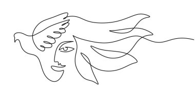 One line of abstract faces and wings isolated on white background. Hand drawing continuous line minimalism.