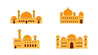 Four islamic yellow mosque isolated on white background for ramadan concept.