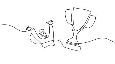 One single line of man and big trophy isolated on white background.