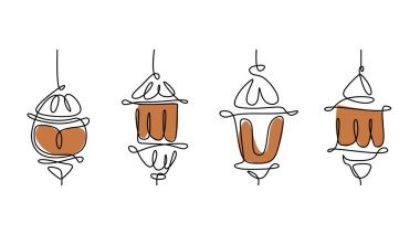 One line drawing of four lanterns isolated on white background. Continuous single line minimalism.