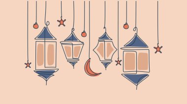 One line drawing of hanging lanterns, moon and islamic ornaments. Continuous single line minimalism.