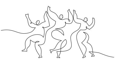 One continuous single line drawing of three dancing people picasso style.