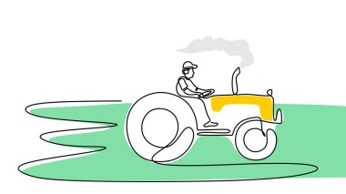 One line drawing of man drive tractor isolated on white background. Continuous single line minimalism.