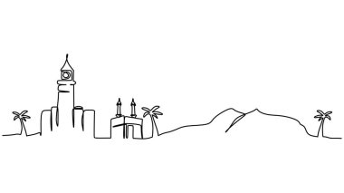 One line drawing of kaaba mosque and desert isolated on white background. Continuous single line minimalism.