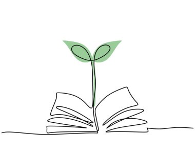 Hand drawing single one line of plant on book isolated on white background.