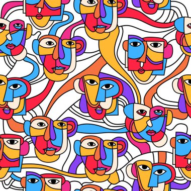 Picasso face art seamless pattern isolated on white background.