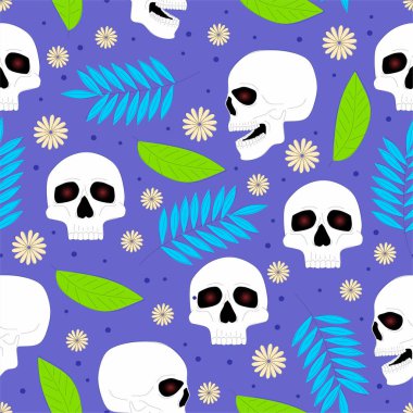 Skull seamless pattern isolated on blue background.