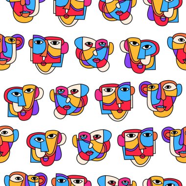Picasso face art seamless pattern isolated on white background.