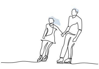 Hand drawing one line of couple ice skating isolated on white background.