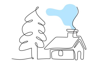 Hand drawing one single continuous line of spruce and house isolated on white background.