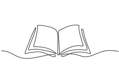 One line drawing of opened book isolated on white background.