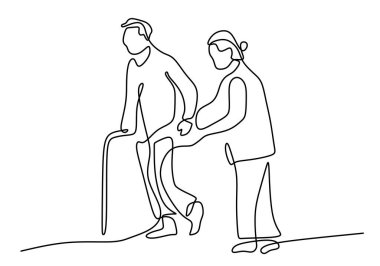 Hand drawing one line of woman help disabled man on white background.