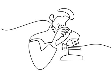 Hand drawing one single continuous line of scientist science theme isolated on white background.