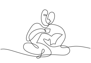 Hand drawing one line of man read book isolated on white background.