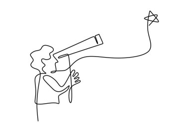 Hand drawing one single continuous line of man use binoculars science theme isolated on white background.
