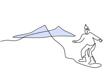 Hand drawing one single continuous line of man play surfing board on ice isolated on white background.