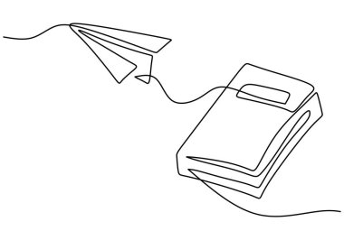 Hand drawing one single continuous line of book and paper plane isolated on white background.