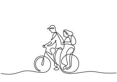 Hand drawing one line of couple riding bike on white background.