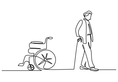 Hand drawing one line of man and wheel chair on white background.