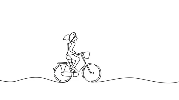 Jedna Čára Kreslí Dívku Kole Cyklistický Čas Cykloturistika Šťastným Plynulým — Stockový vektor