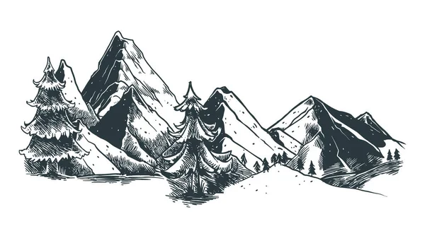 Horská Krajina Ručně Kreslené Vektorové Ilustrace Skica Přírodní Kreslení Vintage — Stockový vektor