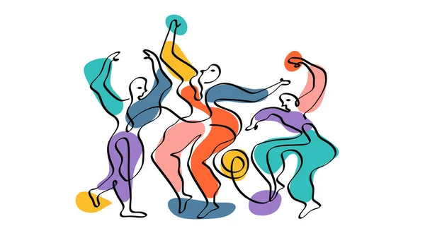 3人のピカソダンサーが1本の線で色を描き ミニマルな抽象的な連続手描きコンターミニマリズム 白を基調としたベクトルイラスト — ストックベクタ