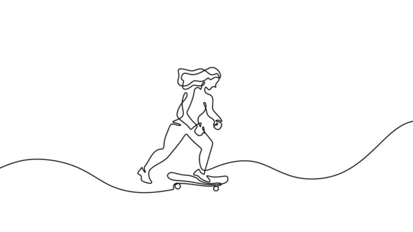 Žena Hrající Skateboard Jedna Čára Kreslí Souvislé Obrysové Umění Skejtařka — Stockový vektor