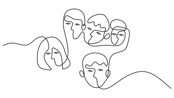 Ruční Kreslení Jeden Souvislý Jeden Řádek Pěti Abstraktních Tváří Skupiny — Stockový vektor
