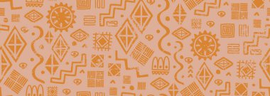 Etnik çizimler kusursuz desen, el çizimi elementler sembolü, etnik aztek geometrik tasarım. Maya sınır işçiliği ve renkli süslemeler. Eski baskı ve tekstil için vektör illüstrasyonu.