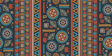 Etnik çizgiler kusursuz desen. Afrika aztekli kabile geometrik vektör arkaplanı, desenli süslemeli renkli boho motifi, moda ve tekstil baskısı için vektör çizimi.