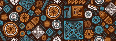 Elle çizilmiş afrikalı kusursuz desen, kabile motifleri vektör illüstrasyonu. Meksika dokusuyla retro karalama süslemeleri. Geleneksel yaratıcı sanat eserleriyle soyut dekorasyon. İnka sembolleri kahverengi renkler.