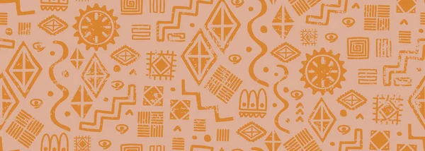 民族涂鸦无缝图案 手绘元素符号 民族阿兹特克几何图案 玛雅人边境手工工艺 装饰五彩缤纷 古代印刷品及纺织品的矢量图解 — 图库矢量图片