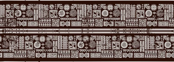 アフリカの部族パターン シームレスな民族繰り返しラインデザインのモチーフ 茶色の背景を持つ素朴なシンボルを描くアステカ ファッションテキスタイル Print — ストックベクタ