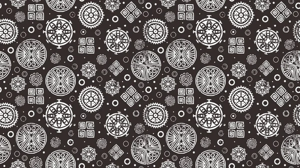 民族の描画シームレスなパターン ベクトルイラスト部族アフリカマヤのシンボル 円ピクトグラムの装飾 黒と白の背景 ファッションテキスタイルのために良い Print — ストックベクタ