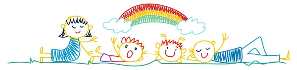 Χαρούμενα Παιδιά Ζωγραφίζουν Λουλούδια Πολύχρωμο Ουράνιο Τόξο Πολύχρωμα Σύμβολα Που — Διανυσματικό Αρχείο