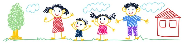 快乐的家庭孩子们画画 蜡笔画屋户外五彩斑斓 幼儿园和学校用手绘的五颜六色符号 带有自然绘图的儿童模式 矢量图解幼稚 — 图库矢量图片