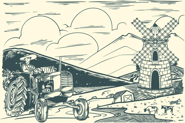 Dibujo Mano Del Paisaje Agrícola Rural Con Molino Viento Tractores — Vector de stock