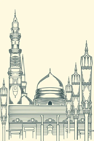 Ręcznie Rysunek Słynny Islamski Budynek Meczetu Nabawi — Wektor stockowy