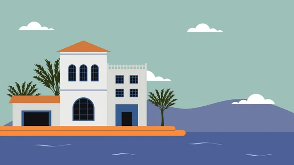 Deniz Manzaralı Akdeniz Evi Geleneksel Mimari Kıyı Manzarasının Vektör Llüstrasyonu — Stok Vektör