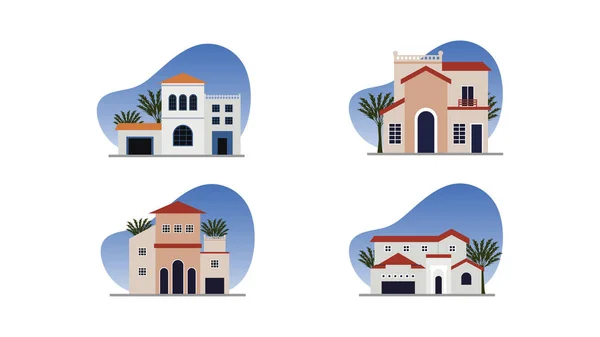 Μεσογειακό Σπίτι Διάνυσμα Εικονογράφηση Σετ Travel Architecture Design Παραδοσιακό Στυλ — Διανυσματικό Αρχείο